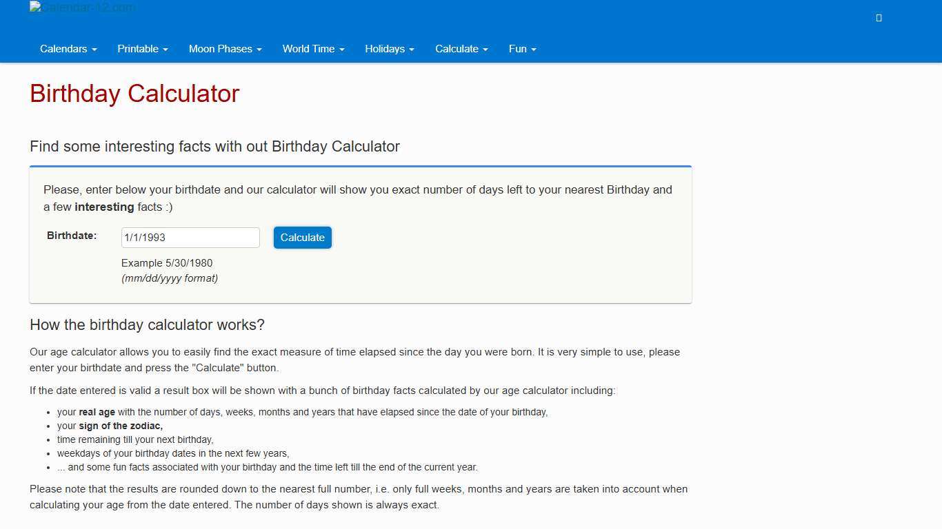 Birthday Calculator - Calendar-12.com